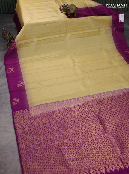 Pure kanchipuram silk saree cream and purple with zari woven buttas and zari woven butta border