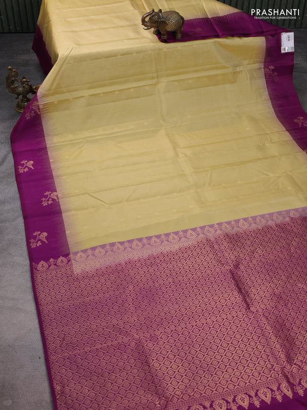 Pure kanchipuram silk saree cream and purple with zari woven buttas and zari woven butta border