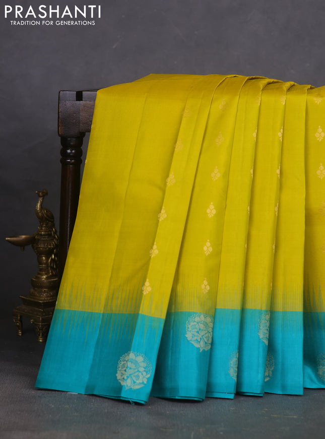 Pure kanchipuram silk saree mustard green and teal green with zari woven buttas and zari woven butta border