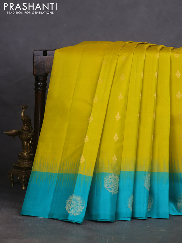 Pure kanchipuram silk saree mustard green and teal green with zari woven buttas and zari woven butta border