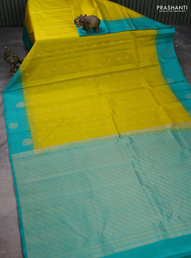 Pure kanchipuram silk saree mustard green and teal green with zari woven buttas and zari woven butta border