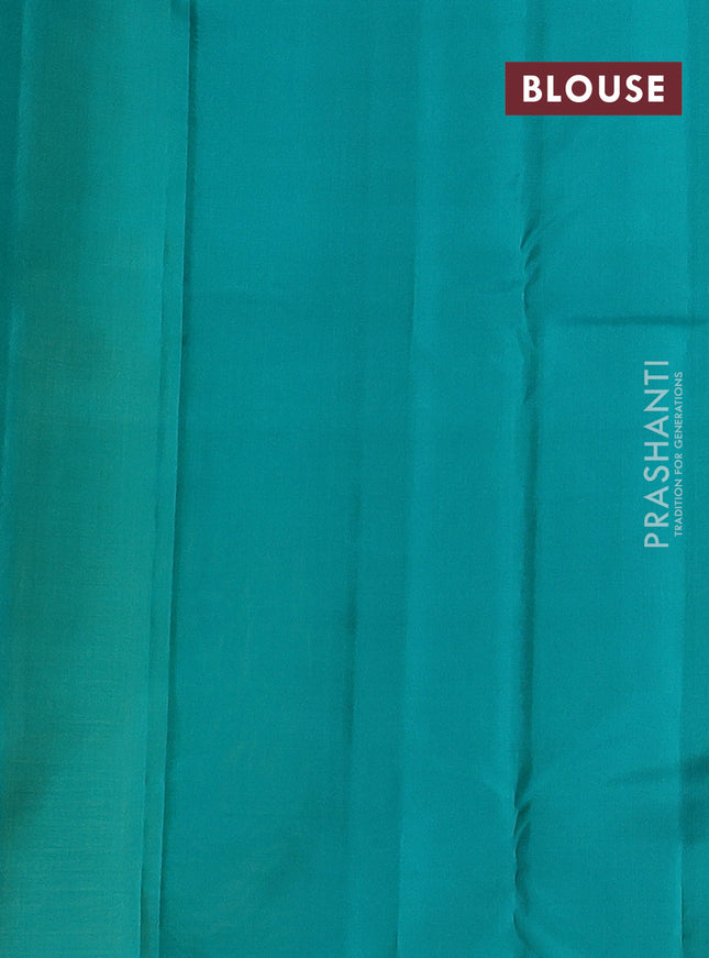 Pure kanchipuram silk saree mustard green and teal green with zari woven buttas and zari woven butta border