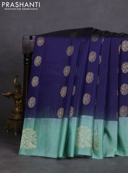 Pure kanchipuram silk saree navy blue and pastel green with zari woven buttas and zari woven butta border