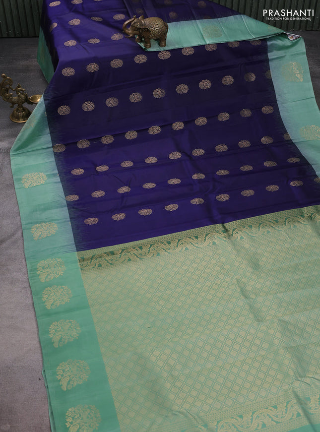 Pure kanchipuram silk saree navy blue and pastel green with zari woven buttas and zari woven butta border