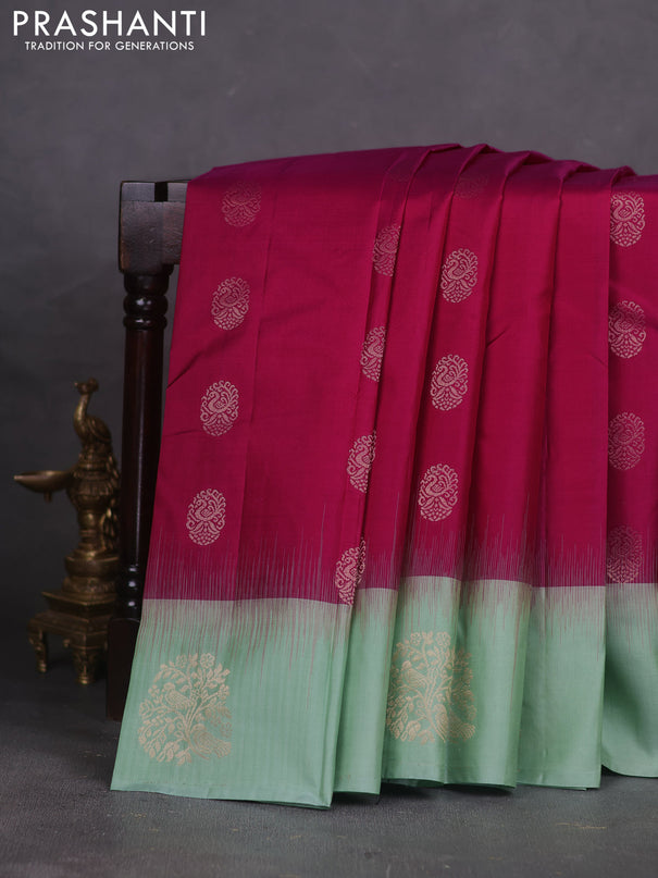 Pure kanchipuram silk saree maroon and pastel green with zari woven buttas and zari woven butta border