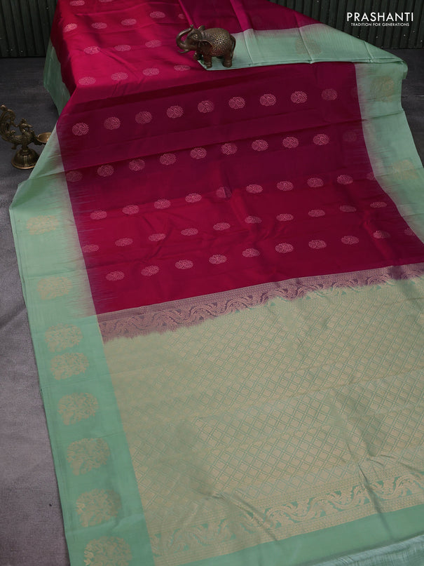 Pure kanchipuram silk saree maroon and pastel green with zari woven buttas and zari woven butta border