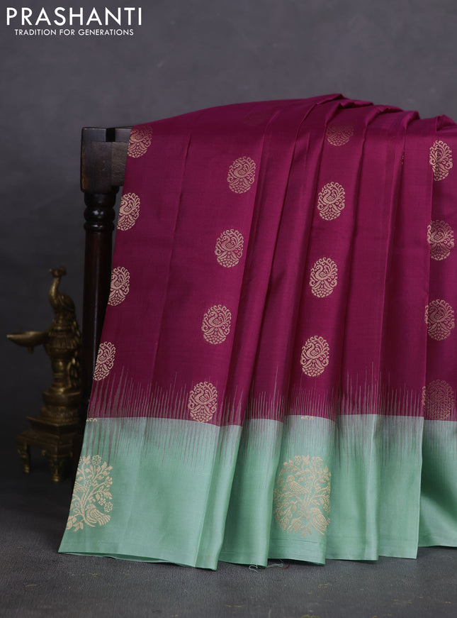 Pure kanchipuram silk saree purple and pastel green with zari woven buttas and zari woven butta border
