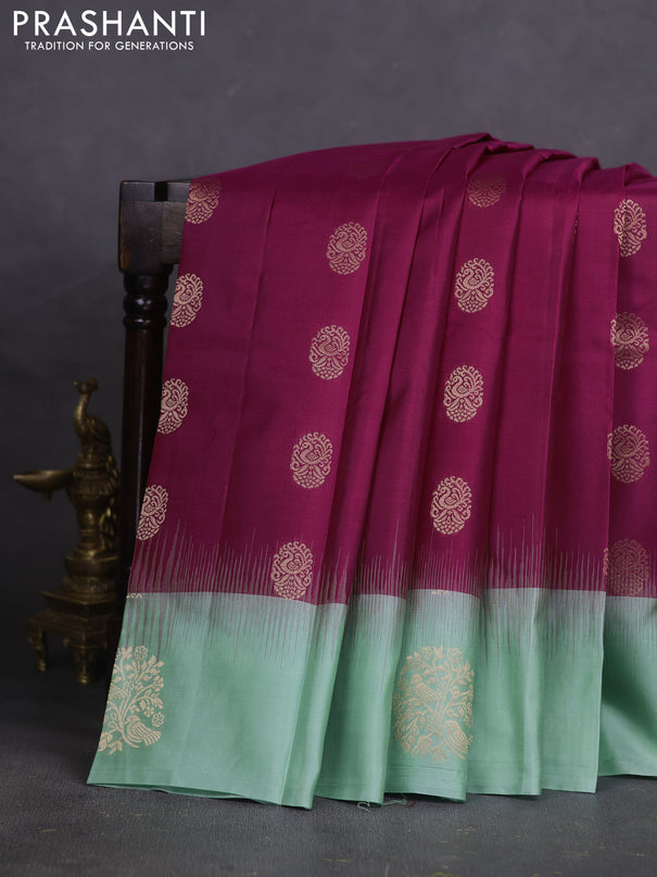 Pure kanchipuram silk saree purple and pastel green with zari woven buttas and zari woven butta border