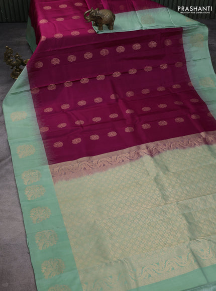 Pure kanchipuram silk saree purple and pastel green with zari woven buttas and zari woven butta border