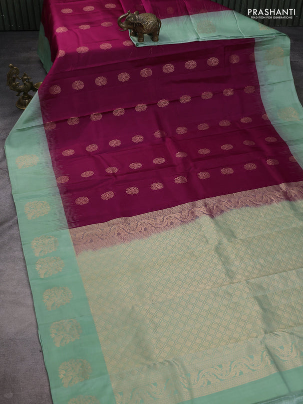 Pure kanchipuram silk saree purple and pastel green with zari woven buttas and zari woven butta border