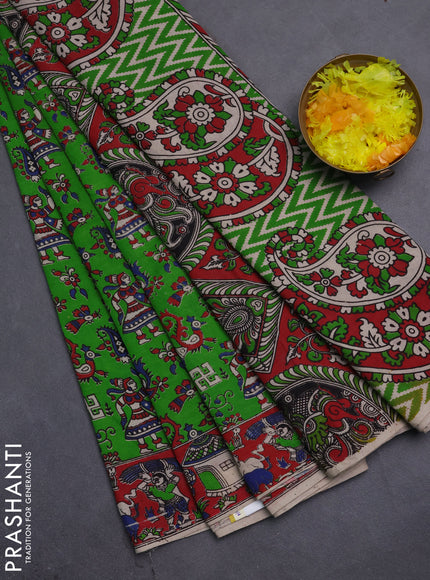 Kalamkari cotton saree green and maroon with allover prints and printed border