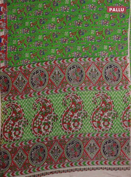 Kalamkari cotton saree green and maroon with allover prints and printed border