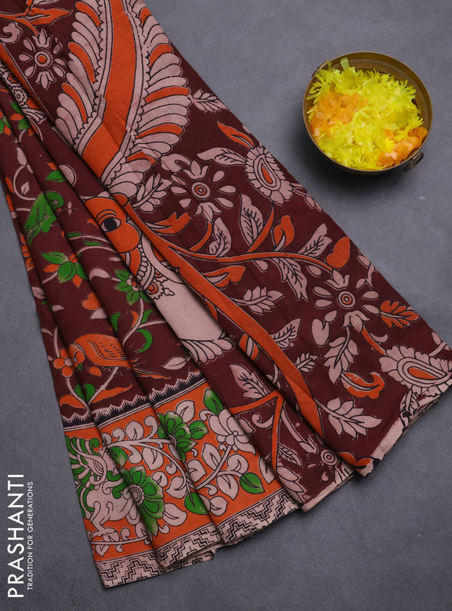 Kalamkari cotton saree deep maroon and orange with allover prints and printed border