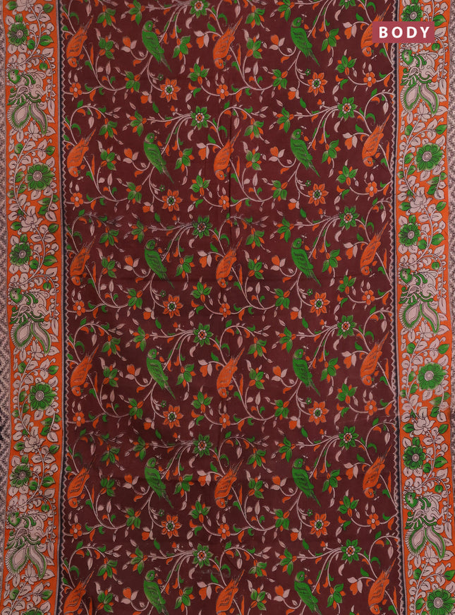 Kalamkari cotton saree deep maroon and orange with allover prints and printed border