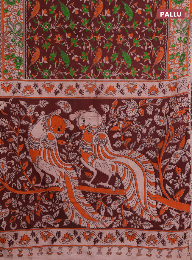 Kalamkari cotton saree deep maroon and orange with allover prints and printed border