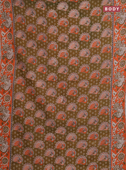 Kalamkari cotton saree dark mustard and orange with allover prints and printed border