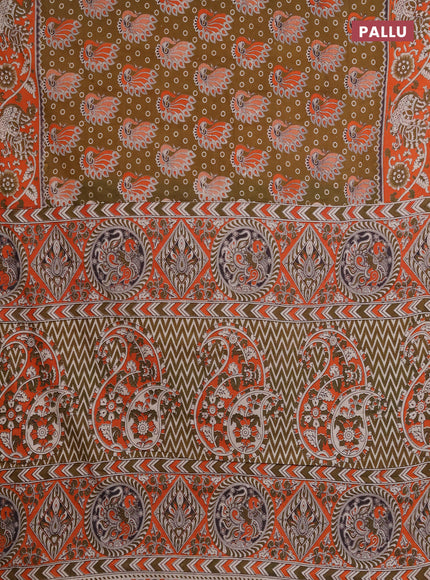 Kalamkari cotton saree dark mustard and orange with allover prints and printed border