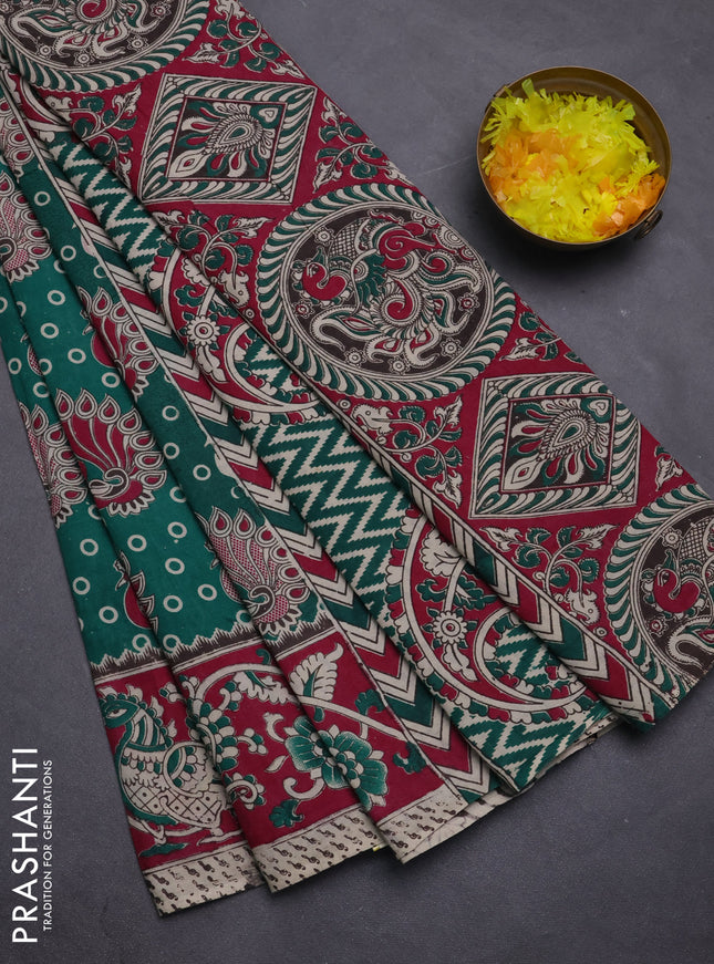 Kalamkari cotton saree green and magenta pink with allover prints and printed border