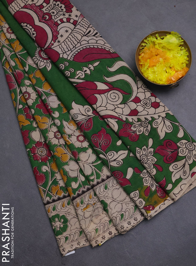 Kalamkari cotton saree green and beige with allover prints and printed border
