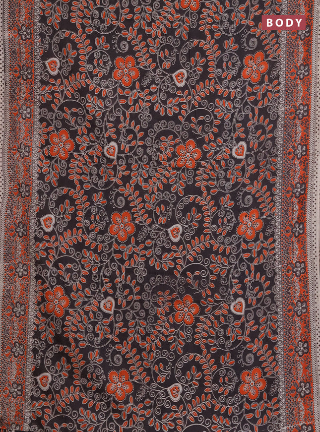Kalamkari cotton saree black and orange with allover prints and printed border