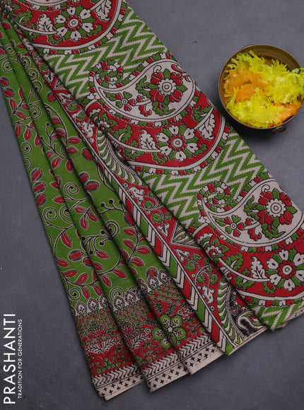 Kalamkari cotton saree light green and red with allover prints and printed border