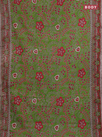 Kalamkari cotton saree light green and red with allover prints and printed border