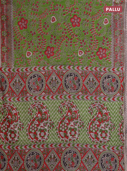 Kalamkari cotton saree light green and red with allover prints and printed border