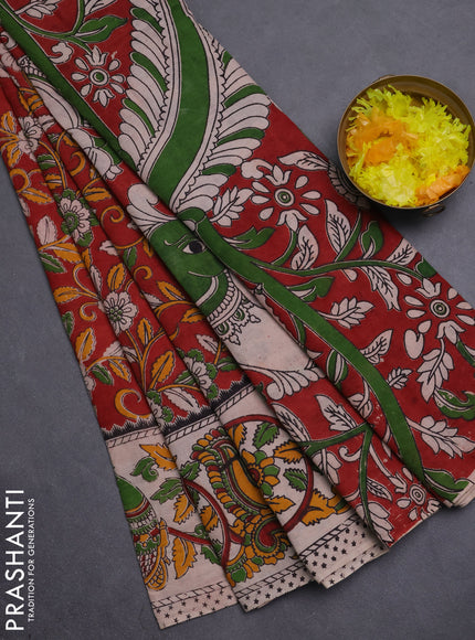 Kalamkari cotton saree maroon and beige with allover prints and printed border
