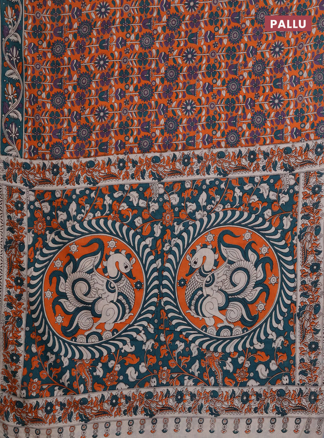 Kalamkari cotton saree orange and green with allover prints and printed border