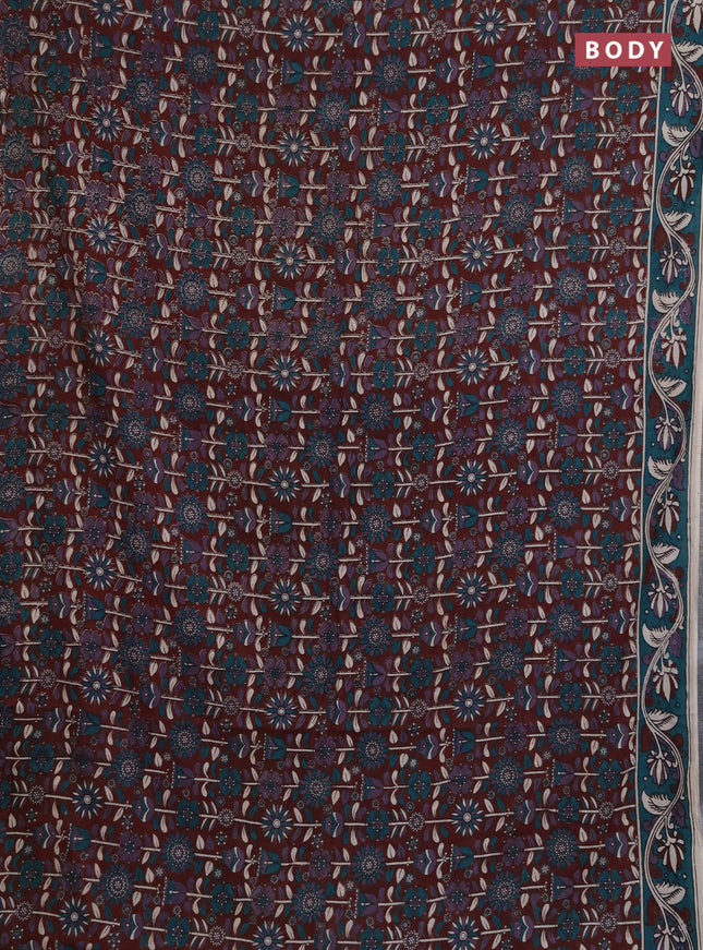 Kalamkari cotton saree deep maroon and green with allover prints and printed border