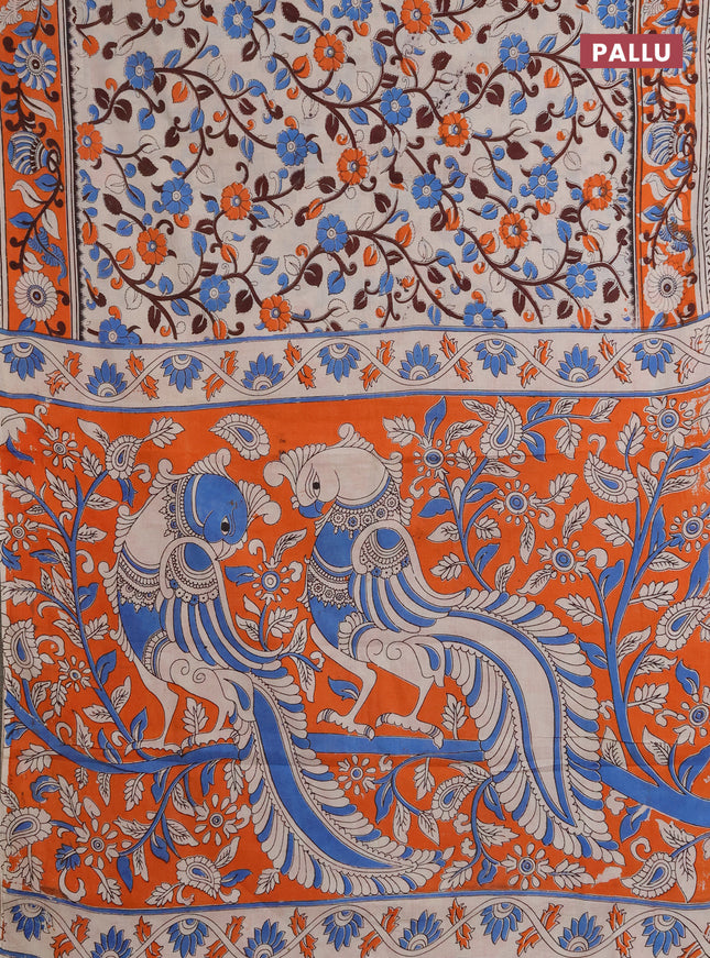Kalamkari cotton saree beige and orange with allover prints and printed border