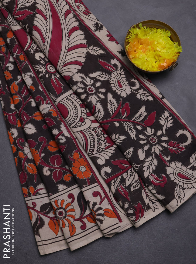 Kalamkari cotton saree coffee brown and beige with allover prints and printed border