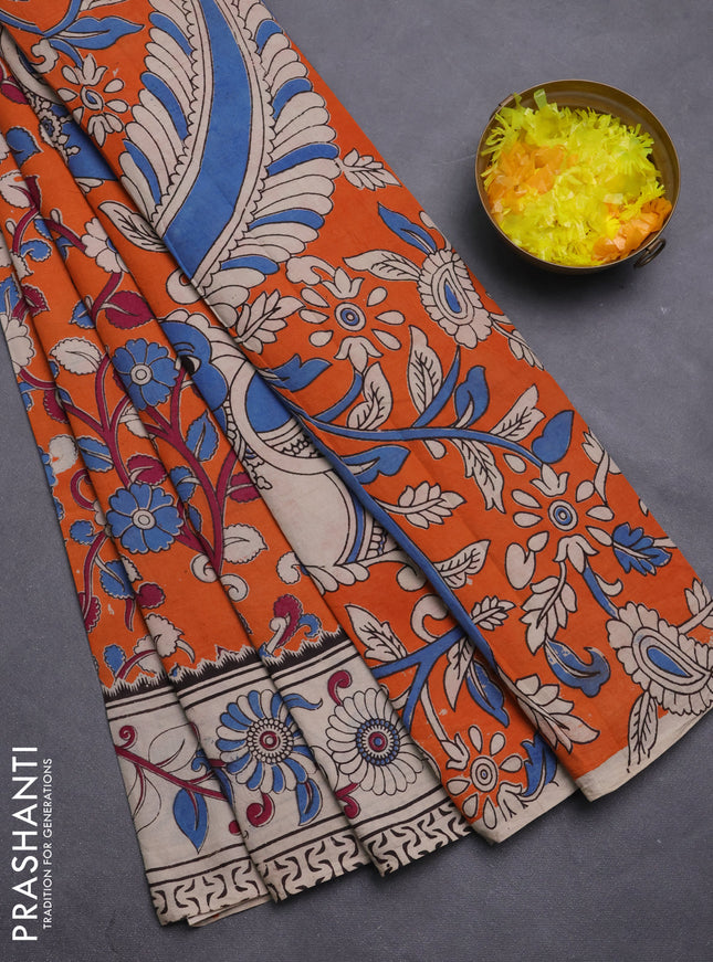 Kalamkari cotton saree orange and beige with allover prints and printed border