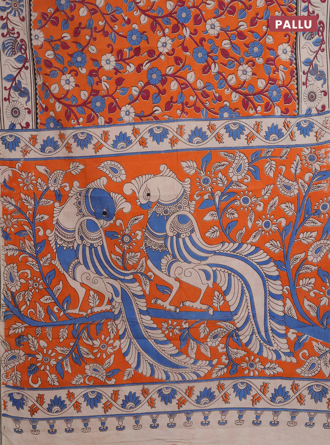 Kalamkari cotton saree orange and beige with allover prints and printed border