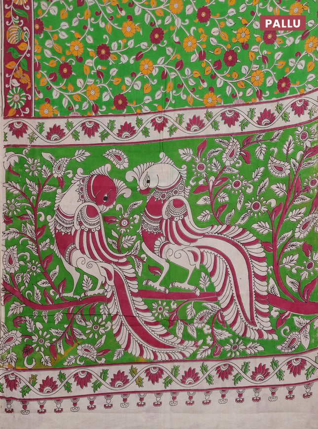 Kalamkari cotton saree green and magenta pink with allover prints and printed border