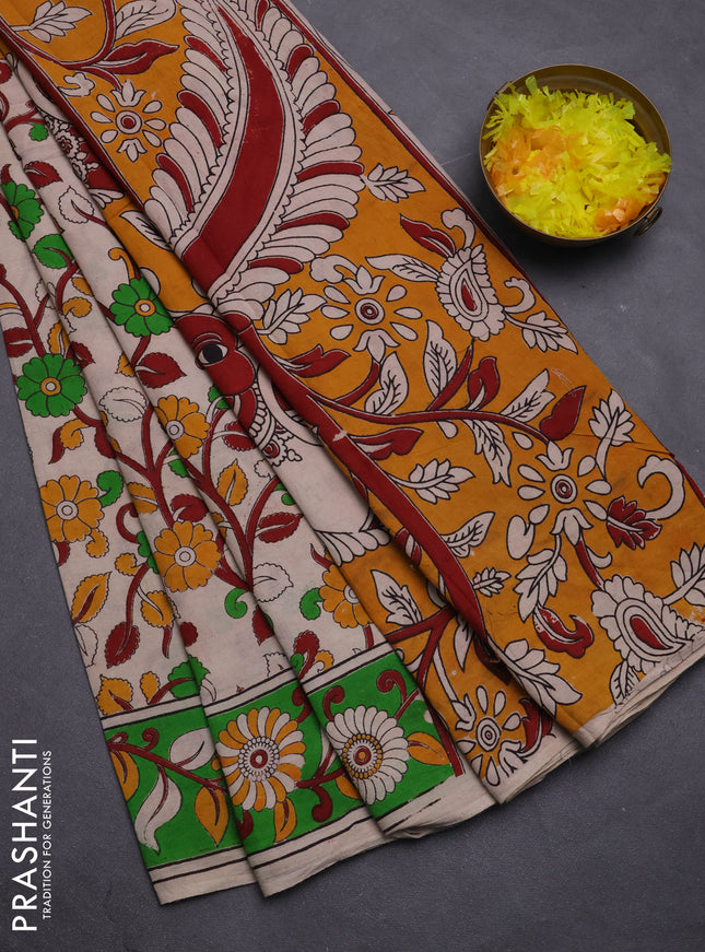 Kalamkari cotton saree beige and green with allover prints and printed border