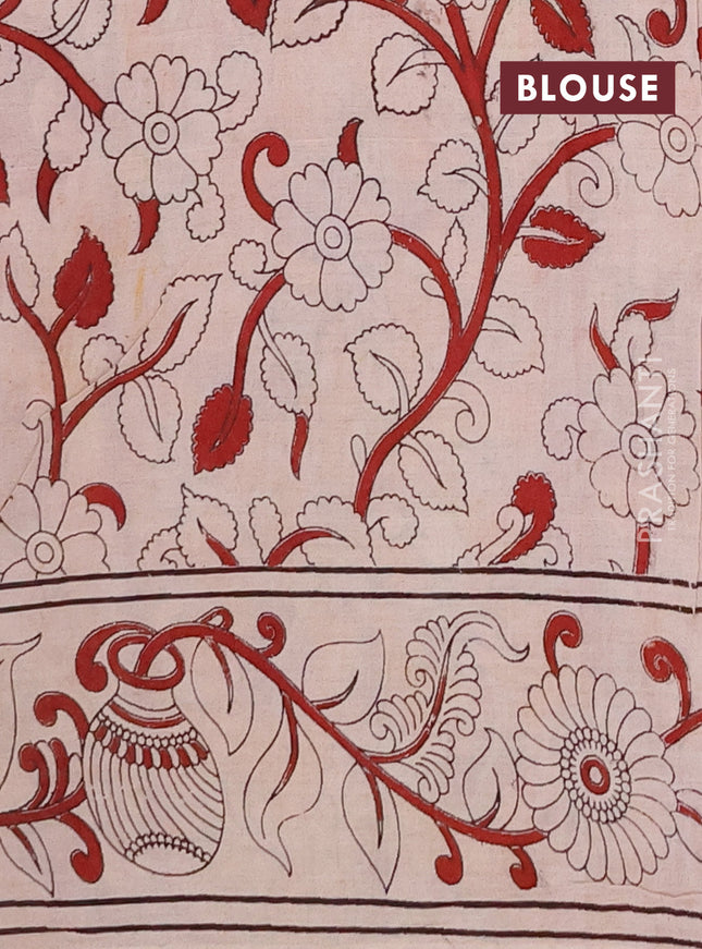 Kalamkari cotton saree beige and green with allover prints and printed border