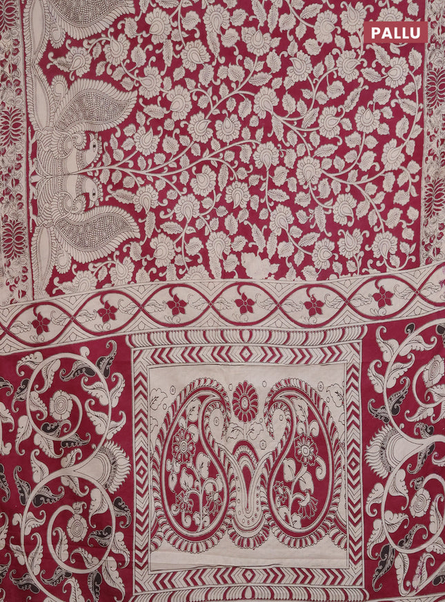 Kalamkari cotton saree dark magenta pink and beige with allover prints and printed border