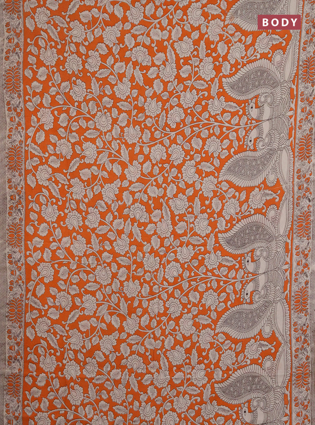Kalamkari cotton saree orange and beige with allover prints and printed border