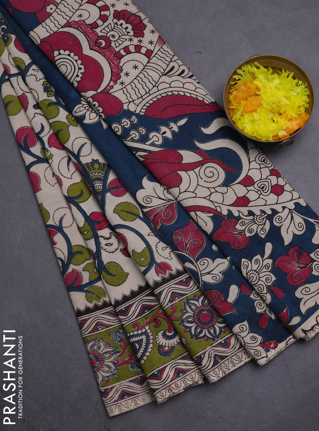 Kalamkari cotton saree beige and light green with allover prints and printed border