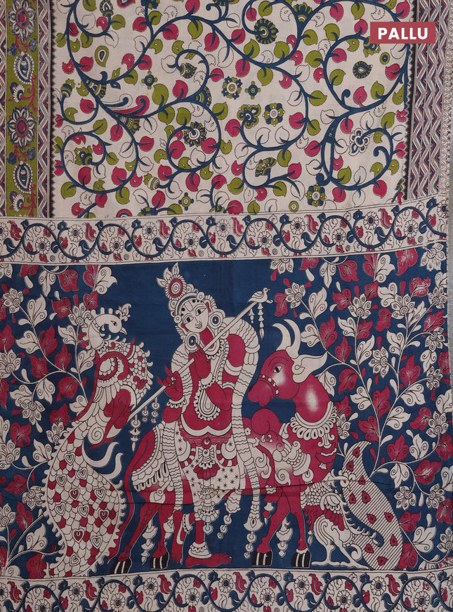 Kalamkari cotton saree beige and light green with allover prints and printed border