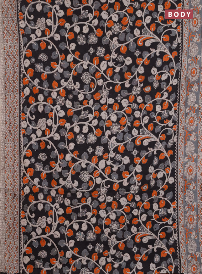 Kalamkari cotton saree black and grey with allover prints and printed border