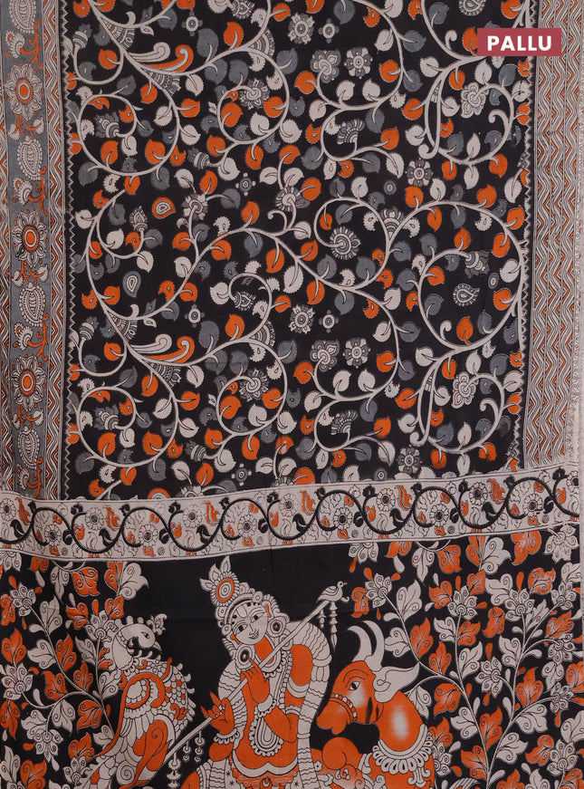 Kalamkari cotton saree black and grey with allover prints and printed border