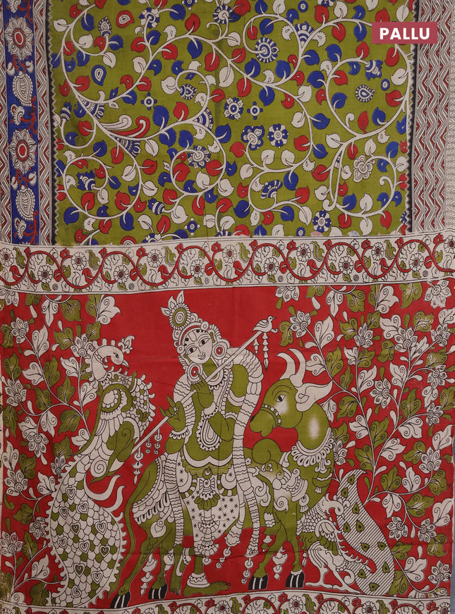 Kalamkari cotton saree mehendi green and blue with allover prints and printed border