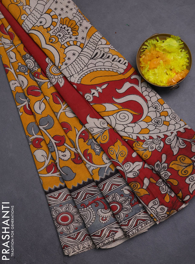 Kalamkari cotton saree mango yellow and grey with allover prints and printed border