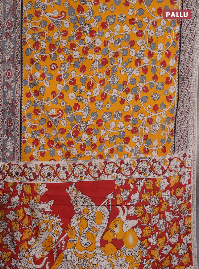 Kalamkari cotton saree mango yellow and grey with allover prints and printed border
