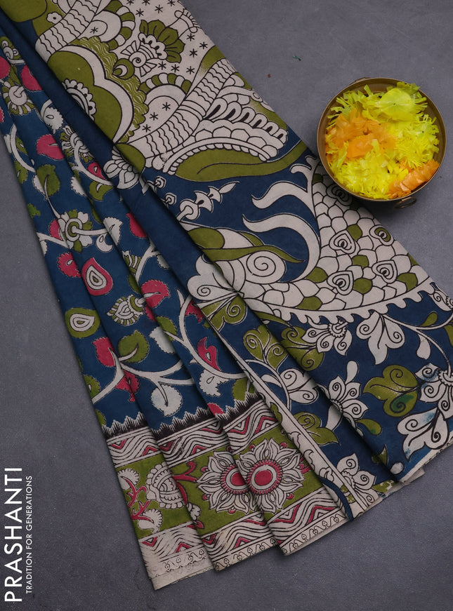 Kalamkari cotton saree peacock blue and light green with allover prints and printed border