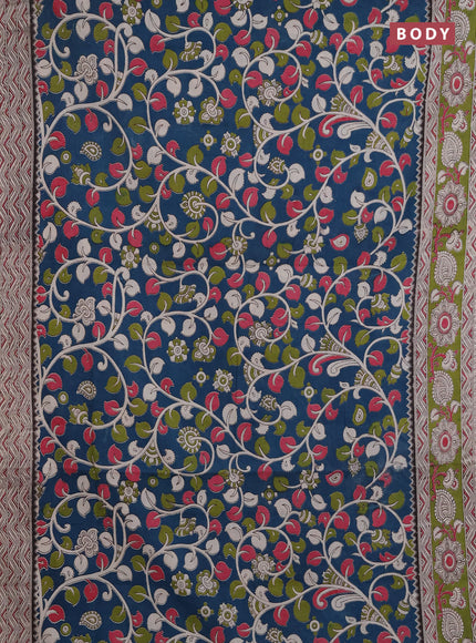 Kalamkari cotton saree peacock blue and light green with allover prints and printed border