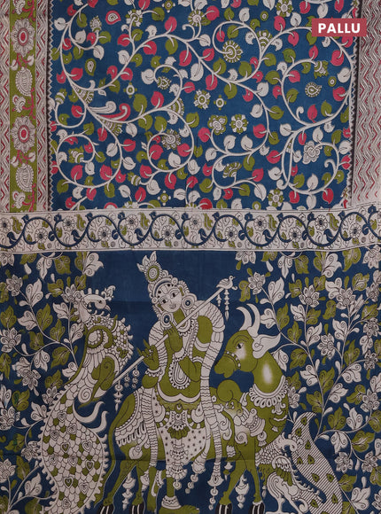 Kalamkari cotton saree peacock blue and light green with allover prints and printed border