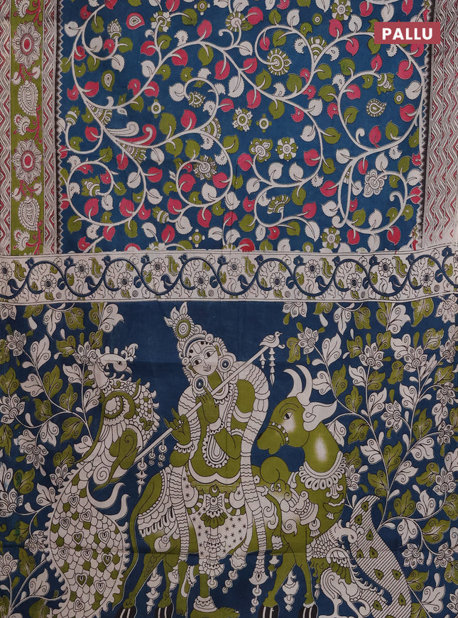Kalamkari cotton saree peacock blue and light green with allover prints and printed border